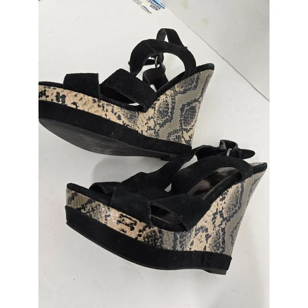 Black and Gray Python Snakeskin Faux Suede Wedge Platform Sandal 7
